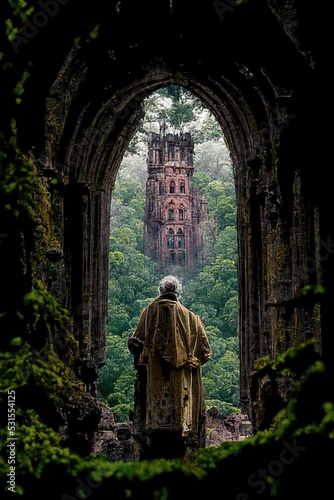 Concept art of an ancient ruin finally found by a robed first generation man who passed through the gates of the ancient of the jungle. Fantasy World