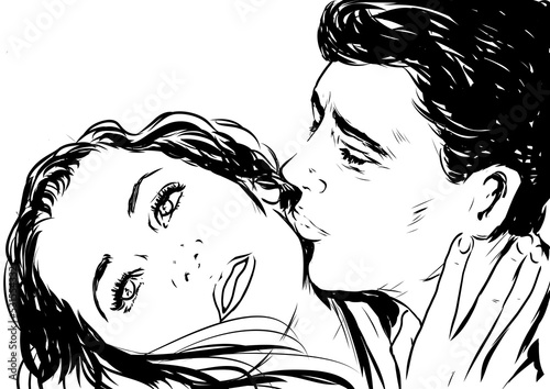 couple homme qui embrasse une femme visage en gros plan dessin croquis encre noir et blanc photo
