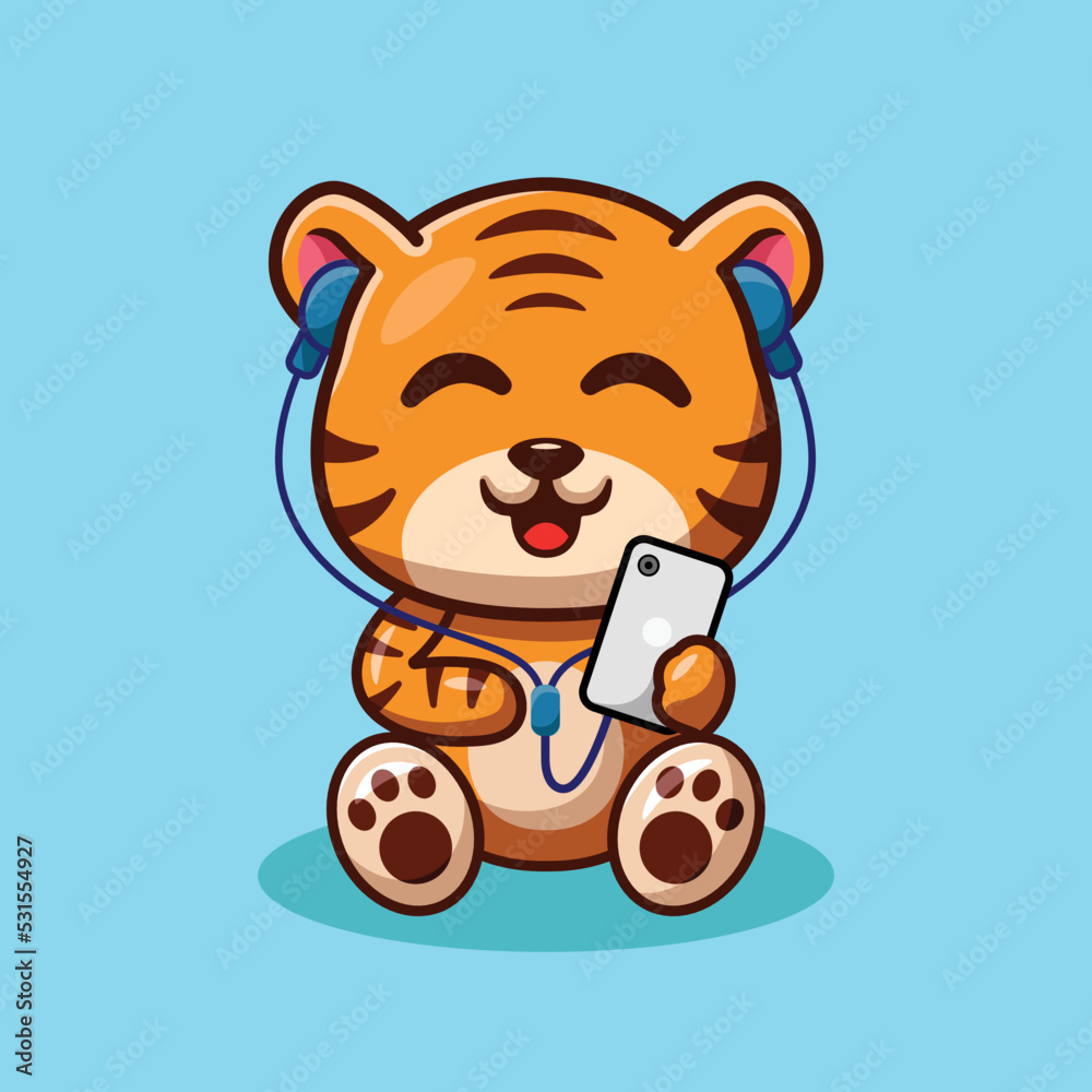 Cute Tiger Listening Music With Earphone Illustration