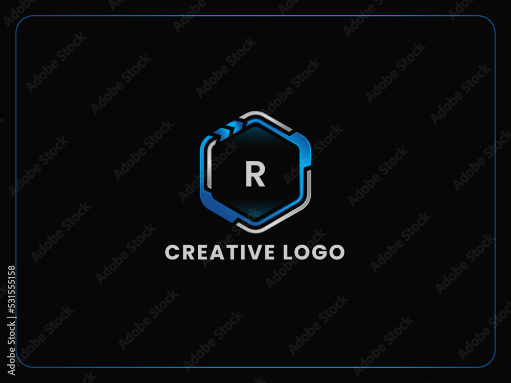R hexagon logo design on black background. R logo letter design. R icon
