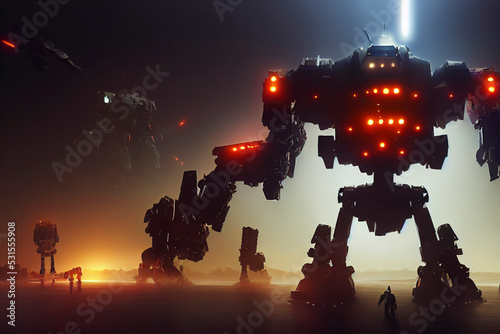 Large mecha robot, illustration of a giant mechanical warrior photo