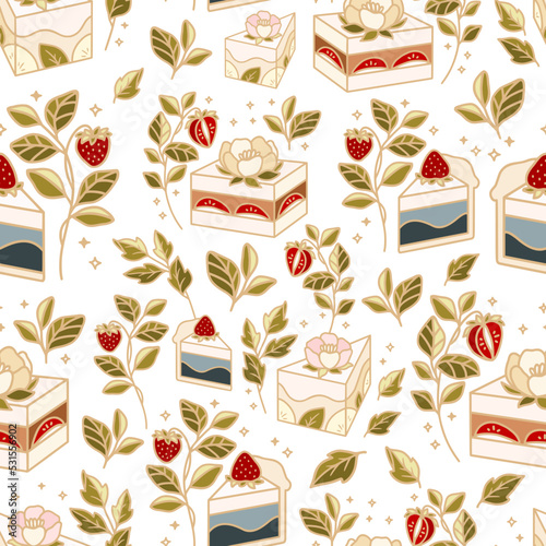 Hand drawn sweet strawberry cake and pastry vector seamless pattern illustration with leaf branch and peony floral elements