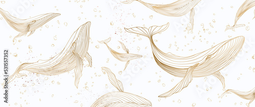 White background with whale pattern in gold line art style. Abstract animalistic hand drawn vector banner for decoration design, print, textile, wallpaper, fabric, interior.
