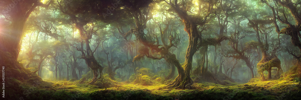 magical forest with giant trees, background banner