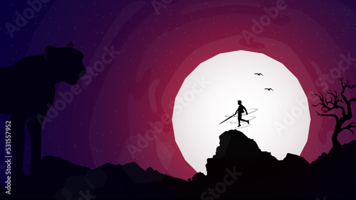 samurai vs cheetah wallpapers. sword mage fighting cheetah at night. Samurai with full moon walpaper. wizard swordsman. full moon illustration background