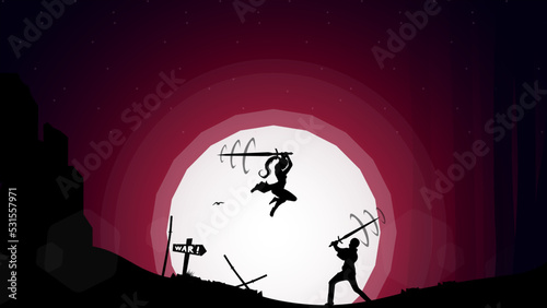 swordsman duel. silhouette of a person. two swordsmen fighting. female swordsman jumps to attack the enemy. duel.