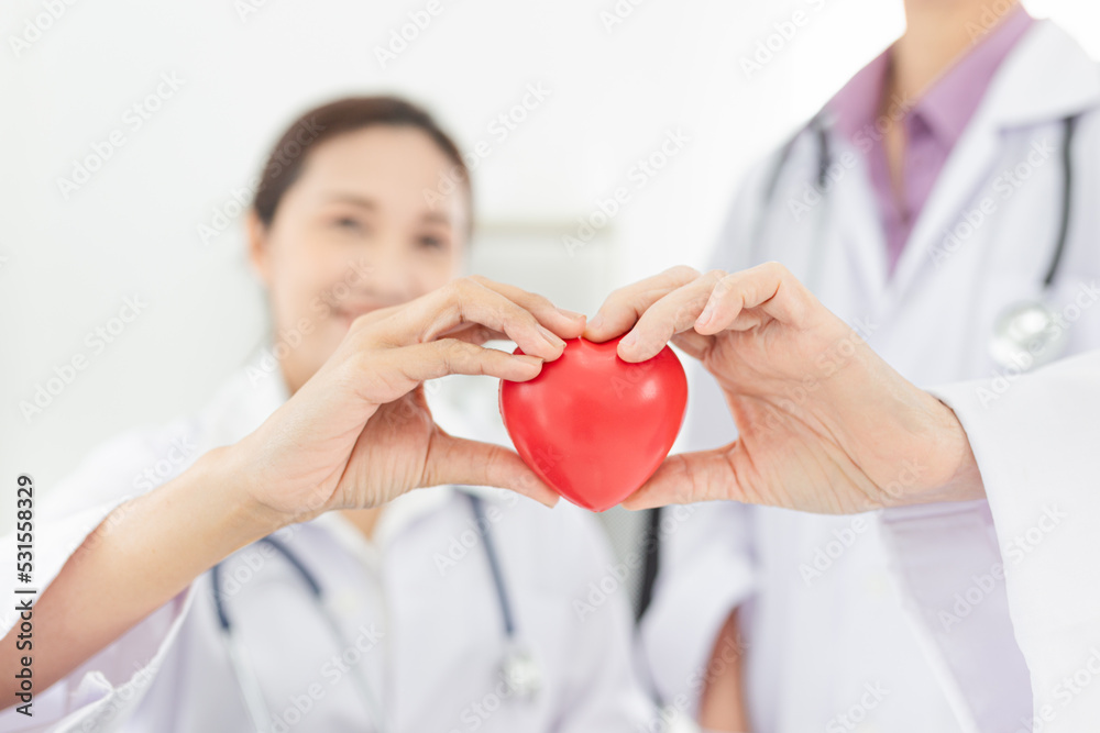 close up hands and blur people, two asian female doctor holding red heart with hands, happiness and relationship in hospital, they feeling happy and smile on white background close up hands and blur people, two asian female doctor holding red heart with hands, happiness and relationship in hospital, they feeling happy and smile on white background