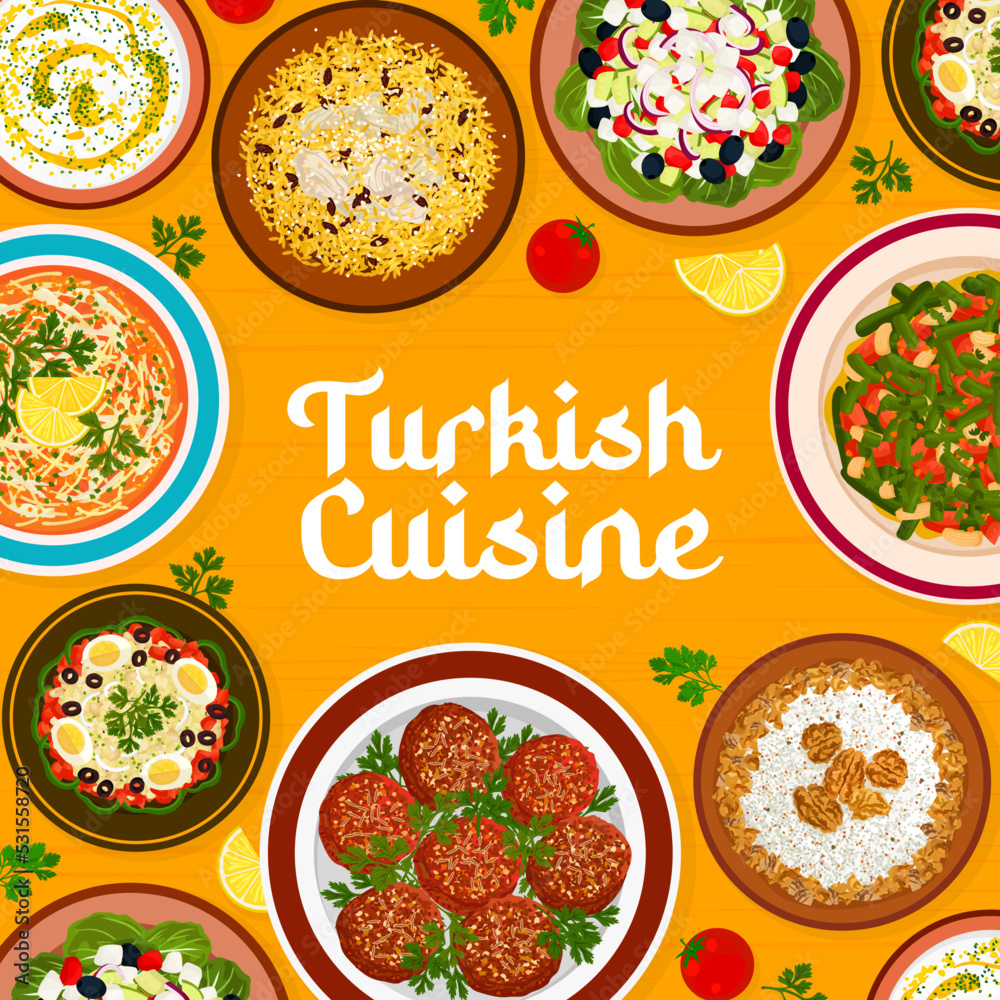 Turkish cuisine menu cover design template. Chicken vermicelli soup, bulgur Kofte and bean stew, Shepherd salad, salad Baba Ganoush and chicken pilaf, sauce Tarator, Circassian chicken with walnuts