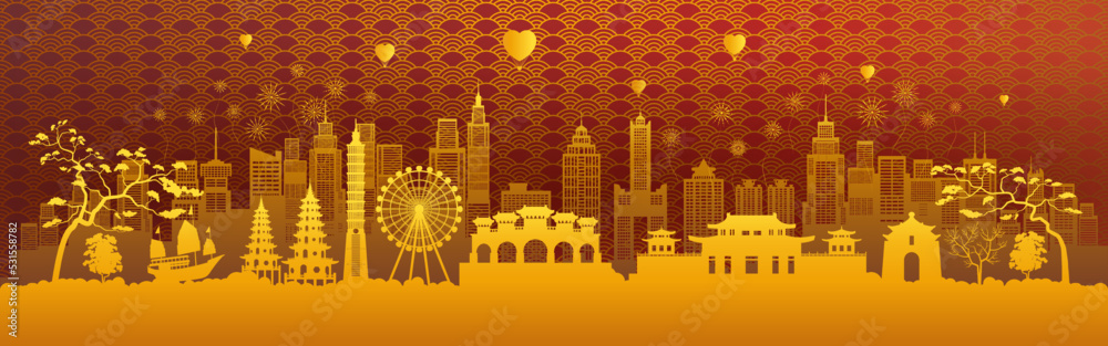 Travel landmarks Taiwan with silhouette architecture and chinese pattern background, Taiwan day anniversary celebration with golden pattern background, Taipei in asia with panorama popular capital.