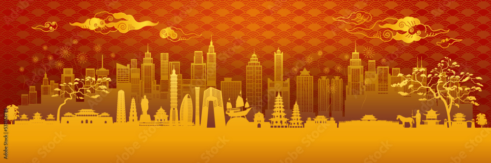 Travel landmarks China traditional silhouette architecture and chinese pattern background.