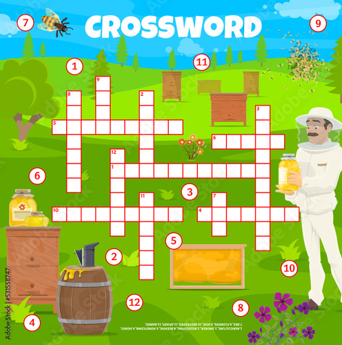 Beekeeping and apiary crossword puzzle game grid and agriculture quiz, vector worksheet. Kids education crossword riddle with honey beekeeper and bees smoker, beehive and beekeeping barrel