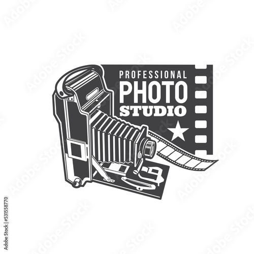 Photo studio icon. Professional photographer atelier or photo studio monochrome icon, sign or retro symbol with vintage medium format folding camera, film perforation and typography