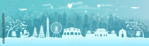 Travel landmarks Taiwan with silhouette architecture background  Taiwan day anniversary.