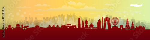 Travel landmarks China with silhouette architecture background, China Day anniversary.