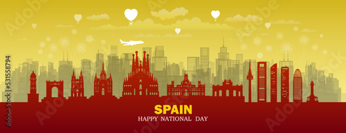 Travel landmarks Spain with silhouette architecture background, Spain republic day.