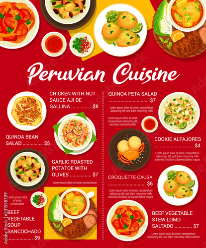 Peruvian cuisine food menu. Chicken with sauce Aji de Gallina, cookie Alfajores and quinoa feta salad, Causa croquettes, potatoes with olives and soup Sancochado, stew Lomo Saltado, quinoa bean salad