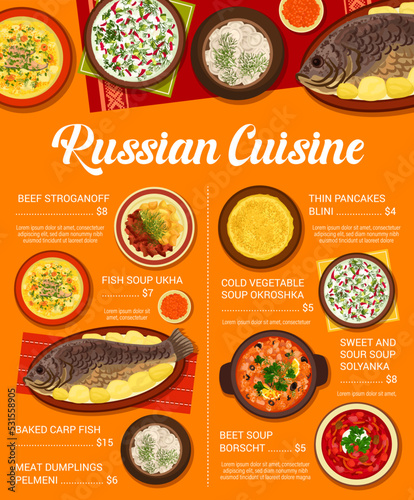 Russian cuisine menu with traditional food dishes and meals, vector restaurant lunch poster. Russian cuisine borscht beet soup and beef stroganoff, blini pancakes and meat dumplings pelmeni