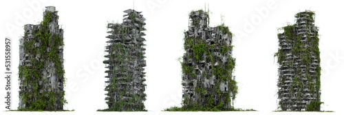 Foto set of ruined skyscrapers, overgrown post-apocalyptic buildings isolated on whit