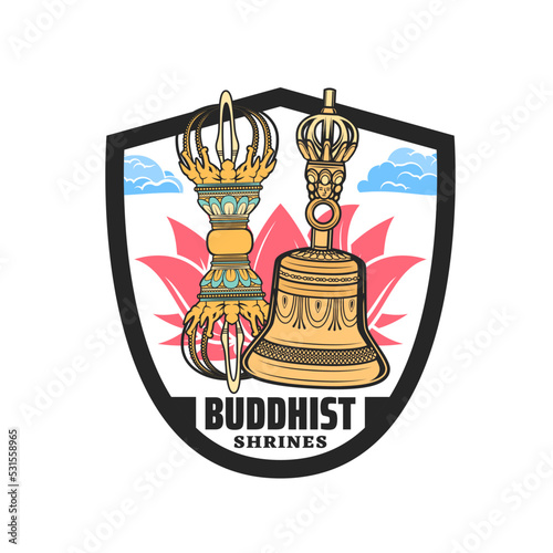 Buddhism symbols of Buddha spiritual healing and meditation, vector religious sign. Esoteric ritual symbols of lotus, vajra and ghanta bell, Dharma enlightenment and Buddhism religion monastery icon photo