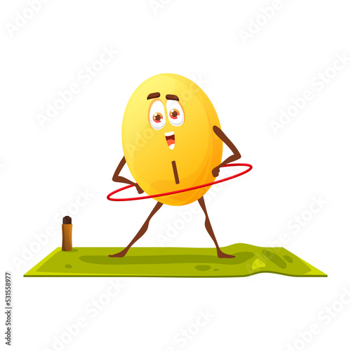 Cartoon cheerful iodine mineral character on yoga. Vector I micronutrient bubble rolling hoop stand on mat. Vitamin personage fitness exercises, healthy life. Funny comic element at wellness class
