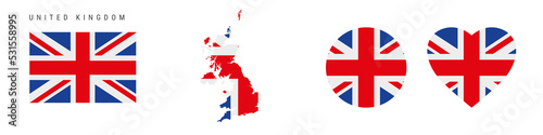 United Kingdom flag icon set. British pennant in official colors and proportions. Rectangular, map-shaped, circle and heart-shaped. Flat vector illustration isolated on white.