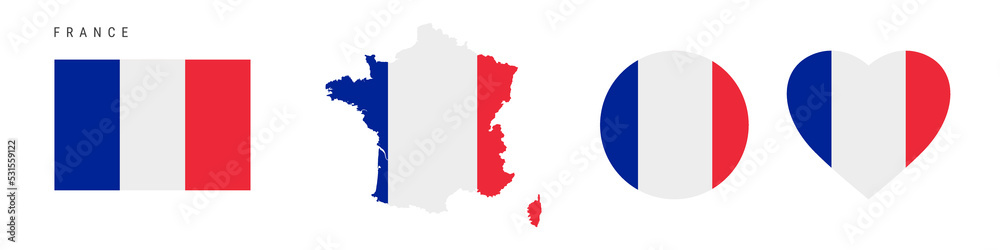 France flag icon set. French pennant in official colors and proportions. Rectangular, map-shaped, circle and heart-shaped. Flat vector illustration isolated on white.