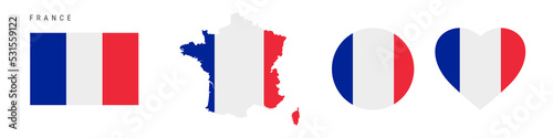France flag icon set. French pennant in official colors and proportions. Rectangular, map-shaped, circle and heart-shaped. Flat vector illustration isolated on white.