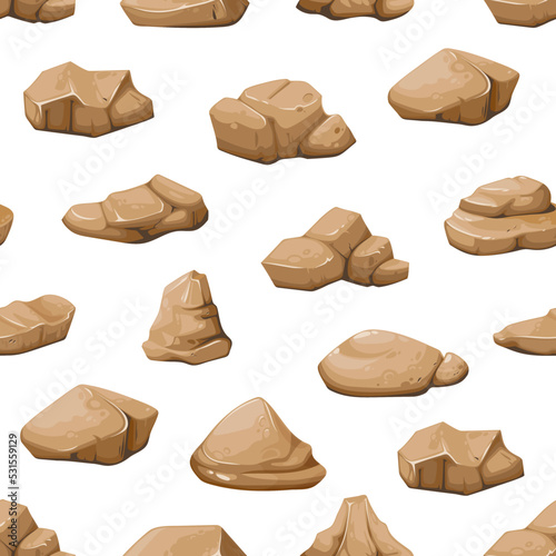 Seamless pattern of cartoon brown rock stones and boulders, vector background. Rock stone gravel and cobble or debris of rubble blocks, granite pebbles in piles and cracked mountain pieces pattern