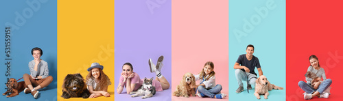 Set of people with their dogs on colorful background