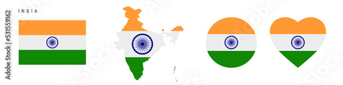 India flag icon set. Indian pennant in official colors and proportions. Rectangular, map-shaped, circle and heart-shaped. Flat vector illustration isolated on white.