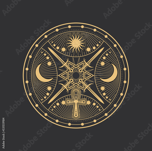 Occult esoteric pentagram, magic tarot ankh symbol with swords, vector circle. Pentagram symbol of alchemy, esoteric and occultism ritual with sun, moon in celestial planets circle and ritual daggers