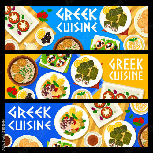 Greek cuisine vector banners. Stuffed grape leaves with meat dolmas, spaghetti with keftedes, tomato and feta crostini. Honey cookies melomakarona and Octopus salad htapodi xidato food of Greece
