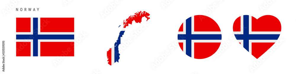 Naklejka premium Norway flag icon set. Norwegian pennant in official colors and proportions. Rectangular, map-shaped, circle and heart-shaped. Flat vector illustration isolated on white.