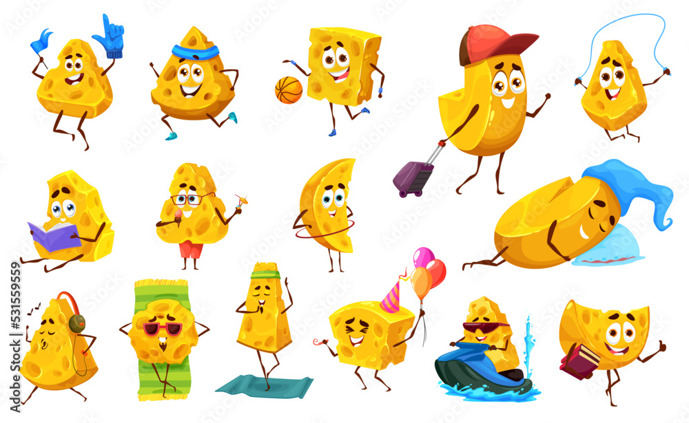 Fototapeta premium Cartoon cheese vector characters and personages. Yellow slices of dairy product show thumb up, celebrate birthday, ride waterbike, sleep and meditate. Travel, sport workout, relax on beach, education