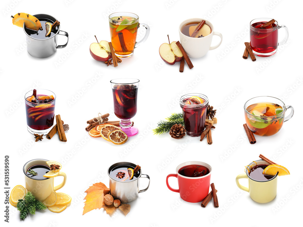 Set of delicious mulled wine isolated on white Set of delicious mulled wine isolated on white