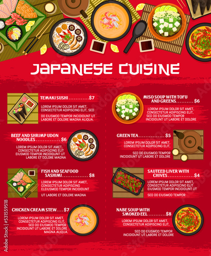 Japanese cuisine menu, vector chicken cream stew, temaki sushi, miso with tofu and greens. Green tea, fish and seafood sashimi, beef and shrimp udon noodles or nabe soup with smoked eel Japan dishes