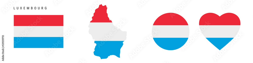 Luxembourg flag icon set. Luxembourgish pennant in official colors and proportions. Rectangular, map-shaped, circle and heart-shaped. Flat vector illustration isolated on white.