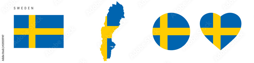 Sweden flag icon set. Swedish pennant in official colors and proportions. Rectangular, map-shaped, circle and heart-shaped. Flat vector illustration isolated on white. Sweden flag icon set. Swedish pennant in official colors and proportions. Rectangular, map-shaped, circle and heart-shaped. Flat vector illustration isolated on white.