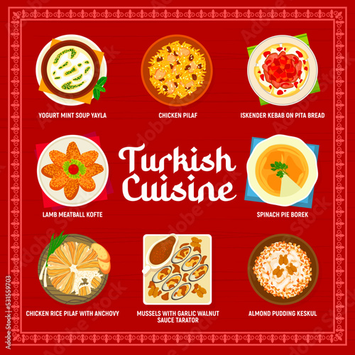 Turkish cuisine menu food and restaurant meals, vector Turkey kebab meat and kofte. Turkish cuisine traditional rice pilaf and Istanbul dishes, iskeneder kebab on pita bread and spinach pie borek