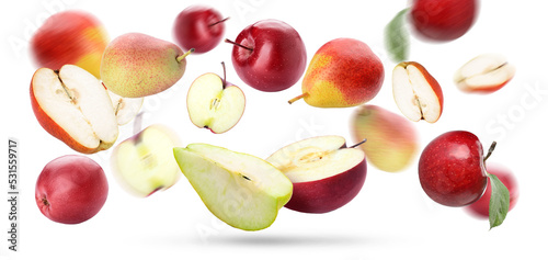Fototapeta Naklejka Na Ścianę i Meble -  Many flying apples and pears isolated on white