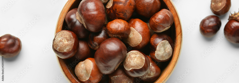 Bowl full of chestnuts on light background, closeup Bowl full of chestnuts on light background, closeup