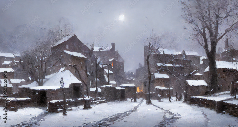 peaceful medieval village during winter, 3d rendering