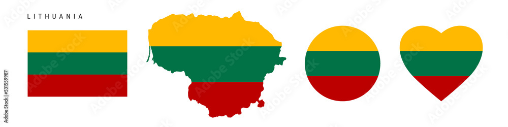 Lithuania flag icon set. Lithuanian pennant in official colors and proportions. Rectangular, map-shaped, circle and heart-shaped. Flat vector illustration isolated on white.