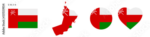 Oman flag icon set. Omani pennant in official colors and proportions. Rectangular, map-shaped, circle and heart-shaped. Flat vector illustration isolated on white.