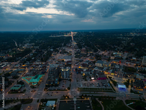 Down town barrie sunset building and street lights lighting up roads