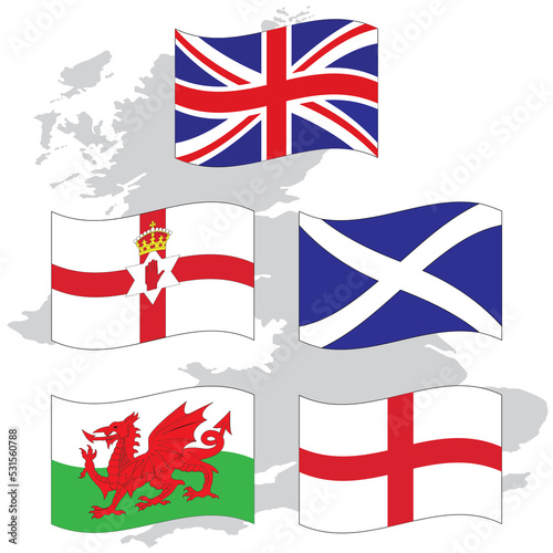 Waving Flags United Kingdom collection and national emblems of England Northern Ireland Wales Scotland