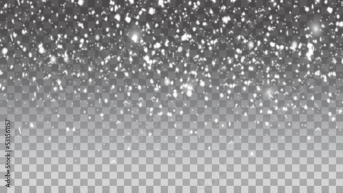 Falling snow on a transparent background. Abstract falling snowflakes with glowing lights effect background for your winter design. Vector illustration