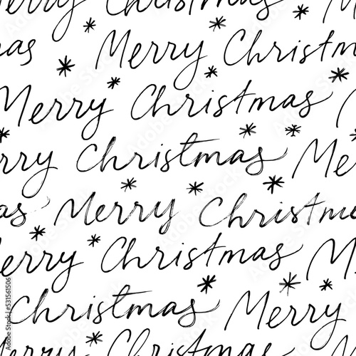 Merry Christmas words seamless pattern. Hand drawn line calligraphy with snowflakes. Holiday seamless background with handwritten lettering. Merry Christmas and Happy New Year wrapping paper.