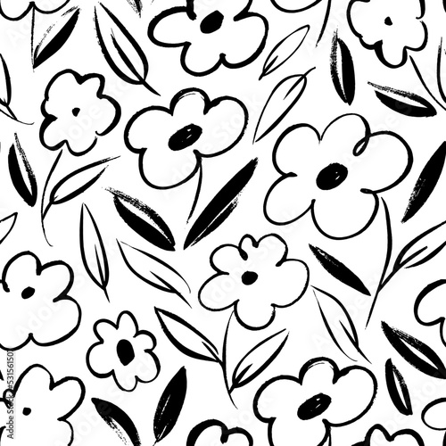 Black chamomile vector seamless pattern. Hand drawn linear drawing of daisy flowers. Botanical seamless print with different floral elements. Summer field with meadow plants. Simple botanical motif. 