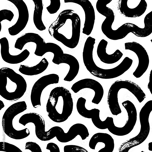 Organic wavy lines and circles vector seamless pattern. Hand drawn curves brush strokes. Organic rounded maze lines pattern. Biological grunge squiggle smears, structure of natural cells. 